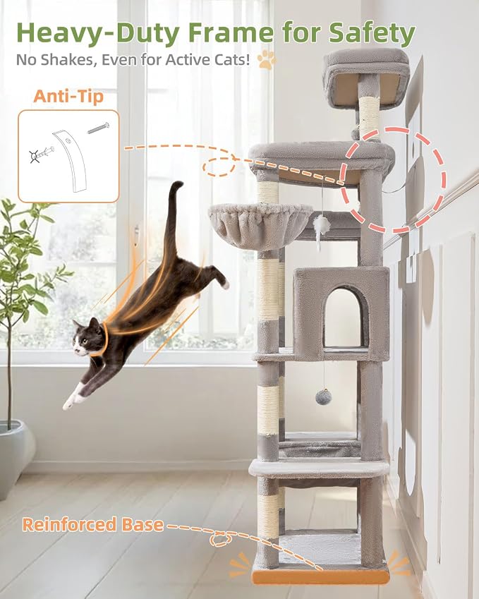 Taoqimiao Heavy-Duty Cat Tree, 71 in Cat Tower for Large Cats 20lbs+ | 3 Giant Multi-Tier Perches, Widened Cat Condo with 9 Scratching Posts, Plush Hammock & Basket, Toys, Light Gray, MS034W