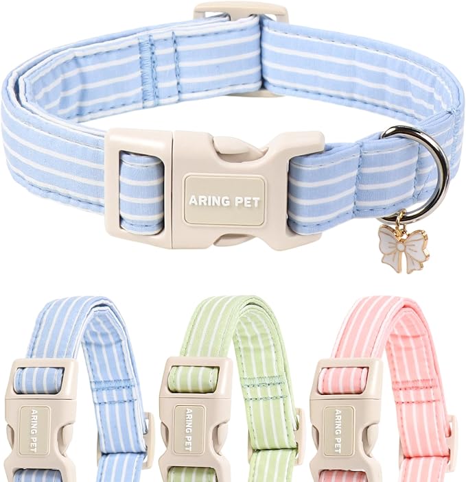 ARING PET Stripe Dog Collar, Cute Spring Summer Blue Stripe Pet Collars with Bow Charm for Puppy Small Medium Large Boy Girl Dogs-M, for Daily Outdoor Walking Training