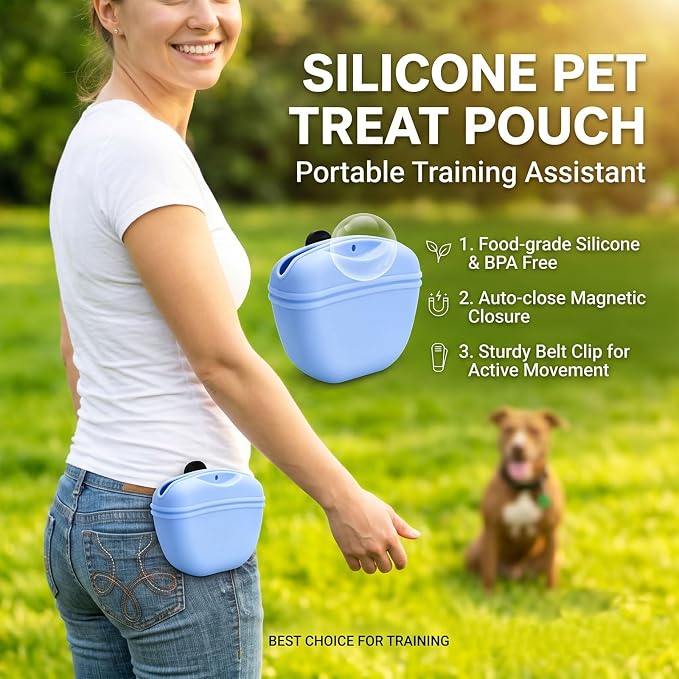 Dog Treat Pouch for Training, Silicone Dog Treat Bag with Strong Clip, Hands-Free Puppy Training Treat Holder, Portable Pet Snack Pouch for Walking, Agility, Obedience Training & Outdoor Use