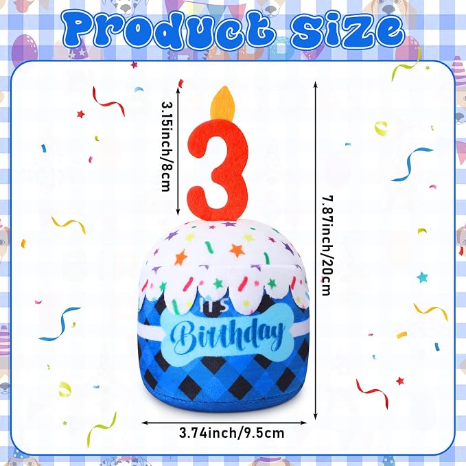 Dansydaisy Dog Birthday Cake Toy Squeaky Plush Toy for Girl Boy Gifts, Chew Accessories for Dog Birthday Party Decor Favor for Large, Medium and Small Dogs(3rd,Blue Grid)