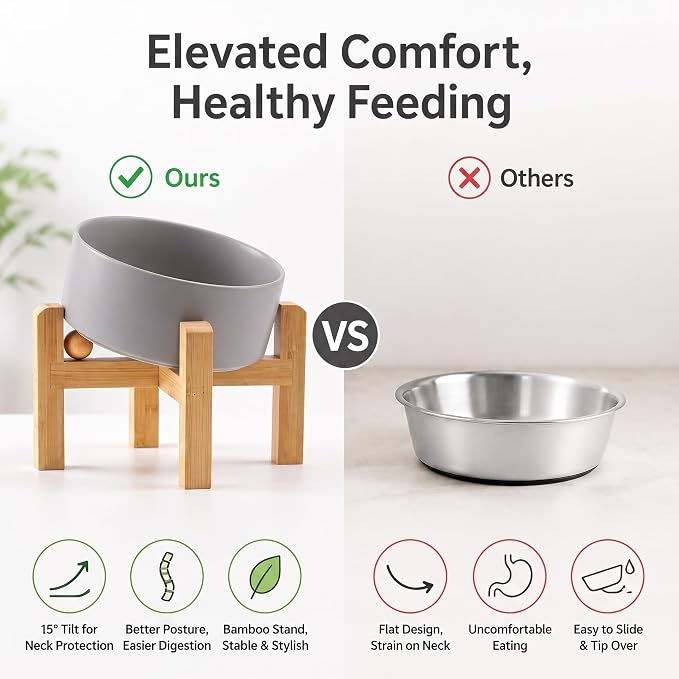 hjn Elevated Ceramic Dog Bowl 15°Slanted Raised Dog Bowl with Bamboo Stand for Small Medium Dogs and Cats, Pet Feeder-3.6-Cup (850ml)-Gray