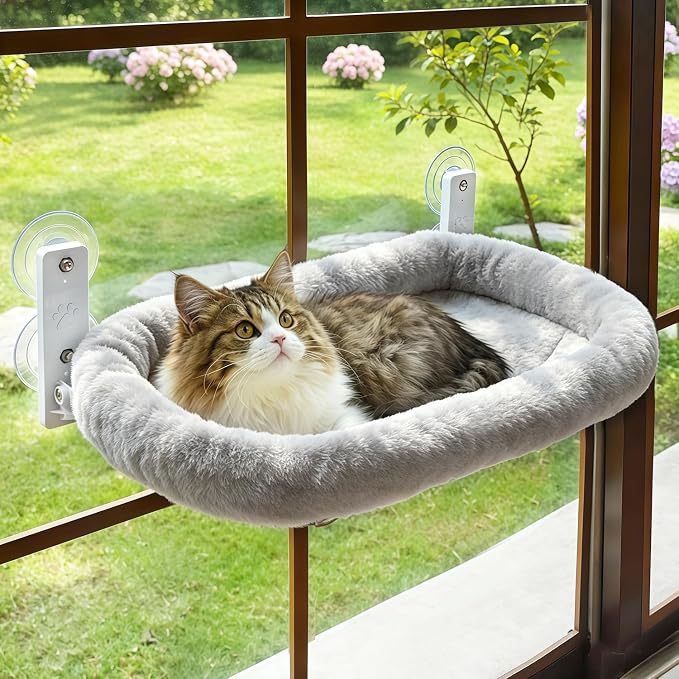 AMOSIJOY Cordless Cat Window Perch, Cat Hammock for Wall with 4 Strong Suction Cups, Solid Metal Frame and Two Replaceable Covers, Foldable Cat Beds for Indoor Cats (Large-Cushion Bed-Gray)