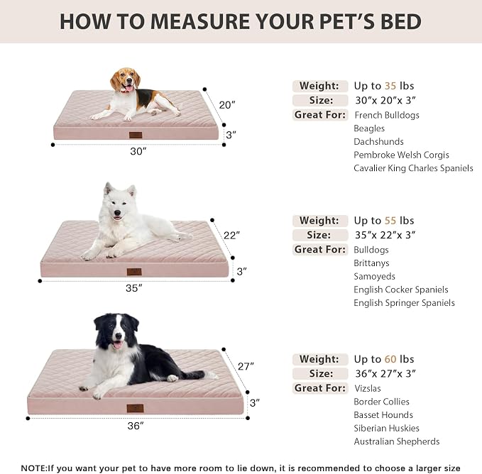 WNPETHOME Orthopedic Waterproof Large Sized Senior Dogs Bed for Comfy Sleep | Washable Ped Bed with Removable Cover, Multi-Needle Quilting Large Dogs Crate Bed for Dog Relax, Pink 36x27 Inch