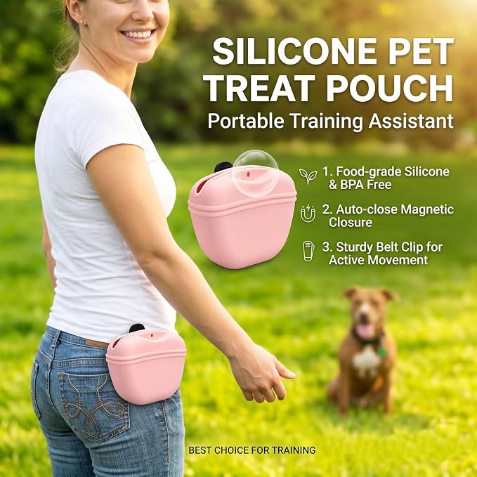 Dog Treat Pouch for Training, Silicone Dog Treat Bag with Strong Clip, Hands-Free Puppy Training Treat Holder, Portable Pet Snack Pouch for Walking, Agility, Obedience Training & Outdoor Use