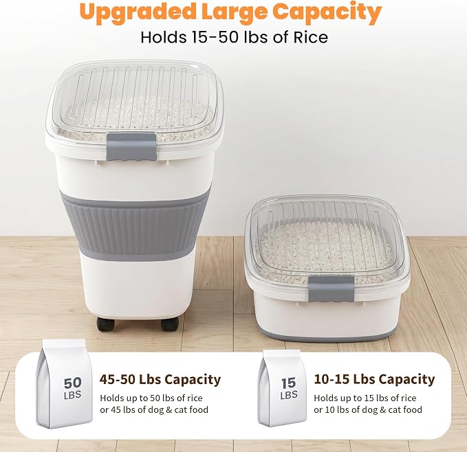 50 Lbs Rice Container, Collapsible Dog Food Storage Container | Airtight Cat Food Container with Wheels, Transparent Lid, Measuring Cup, Scoop, BPA Free for Pet Food, Grain, Bird Seed