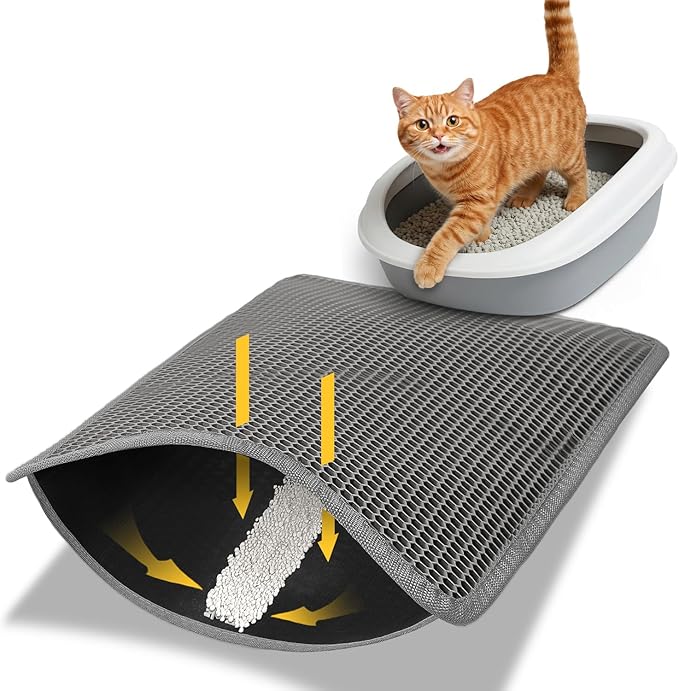Cat Litter Trapping Mat, 24"x18" Universal Fit Litter Box Floor Mat, Hexagon Grids & Anti-Leak Base, Machine Washable, Non-Slip Kitty Mat for Most Homes, Gray