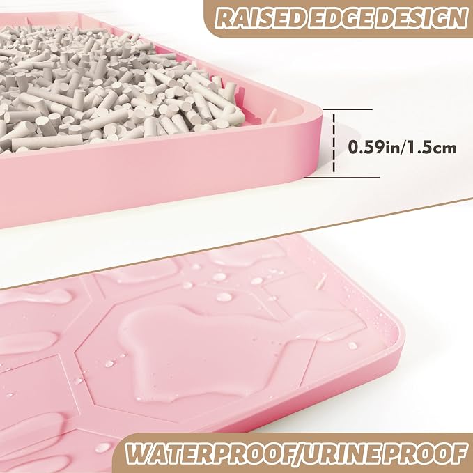 Silicone Cat Litter Mat, 34“ x 22” Waterproof Cat Litter Mats for Floors, Raised Edges Prevent Leaks and Make Cleaning Easy (Pink)