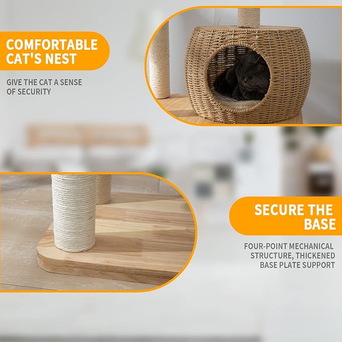59-Inch Modern Cat Tree Tower for Large Indoor Cats, Handwoven Basket Condo | Stable multi-level structure, reinforced base, 8 cm sisal posts, clear space capsule, hammock, washable cooling & plush mats