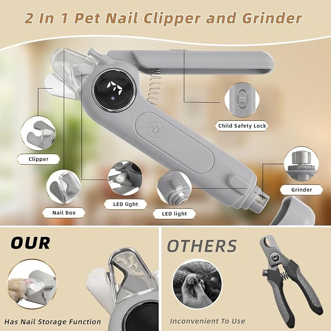 2-in-1 Quiet Electric Pet Nail Clipper & Grinder with Light for Dogs Cats | 3-Speed Grinding, Nail Catcher, Safety Guard, Low-Noise Motor, USB Rechargeable Design for Stress-Free Home Grooming