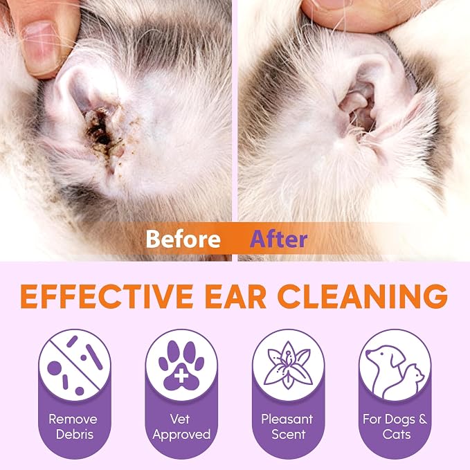 Pjordo Pet Ear Cleaner for Dog & Cat, Natural Formula - Aloe & Witch Hazel | Pet Ear Wash for Soothing Ear Itching & Deodorize, Ear Finger Wipes for Removing Ear Wax & Dirt, Suitable for Ear Daily Care