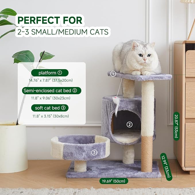 Cat Tree with Condo, Perch, and Scratching Posts, Gray and Beige, Multi-Level Tower with Hanging Toy