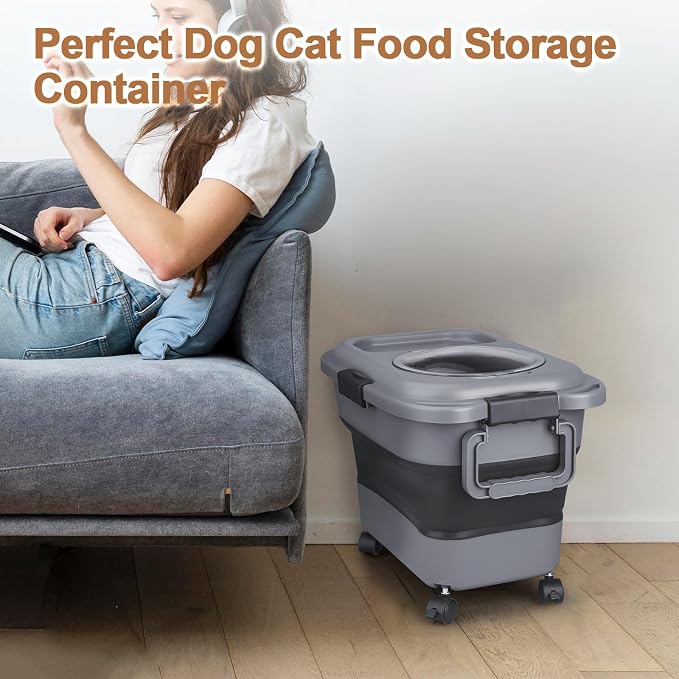 Dog Food Storage Container，2 Pack 25 lbs Airtight Collapsible Cat Food Storage Container with Attachable Wheels, Portable Handle, Dog Food Scoop for Dog Cat Bird Pet Dry Food Storage Bin Large