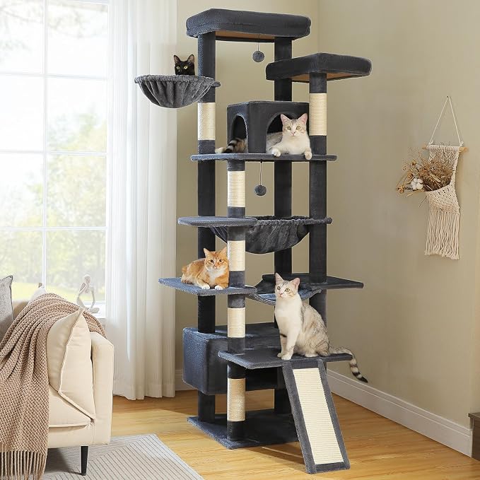 MUTTROS 81 Inch Tall Cat Tree for Big Cats & Multi-Cat Homes, Large Heavy Duty Cat Tower with Metal Frame Hammock, 6 Scratching Posts, 2 Condos, 2 Perches, Scratching Pad - Dark Grey