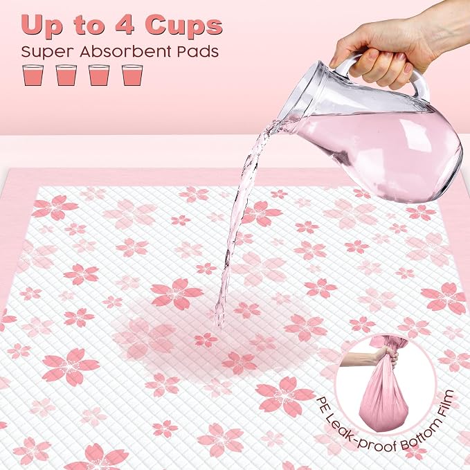 MIZOK Puppy Pads Pink 22x22in, Stay-Put Training Mats with Pheromone Attractant, Decorative Cherry Blossom 6-Layer Absorbent Dog Pee Pads, Disposable (30 Count)