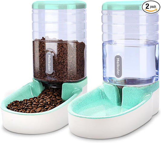 Meikuler Automatic Dog Cat Feeder and Water Dispenser Set,Waterer and Gravity Food Feeder for Small & Medium Dogs Cats Puppies,Large Capacity 1 Gallon x 2 (Green)