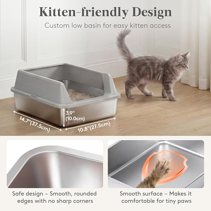Lifewit Stainless Steel Litter Box for Kitty, Small Metal Cat Litter Tray with Non-Slip Pads, Anti-Leakage Top Entry and High Sided, Easy to Clean, 17.7" L×13.8" W×8.3" H, Gray