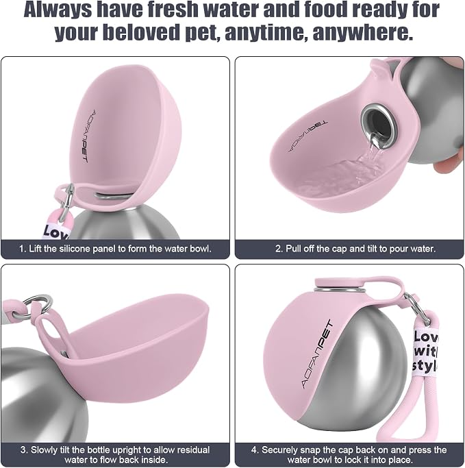Portable Dog Water Bottle 10oz Stainless Steel Travel Dog Water Dispenser with Bowl No-Spill Puppy Water Bottle for Walking Hiking Small Dog Water Bottle