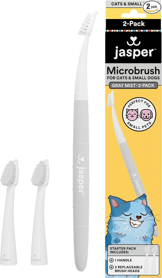 Jasper Microbrush Vet Approved Cat Toothbrush, Soft-Bristled Toothbrush Kit for Felines & Small Dogs, Non-Slip Handle with 2 Replaceable Tooth Brush Heads, Use with Cat Toothpaste, 2-Pack, Gray Mist