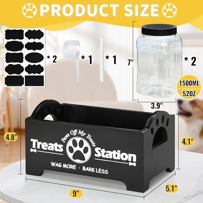 Dog Treat Container Dog Food Storage Container for Countertop, Cat Food Storage Container with 2 Plastic Dog Treat Jar, Dog Food Storage Container for Dog and Cat, Black Wooden Dog Food Container