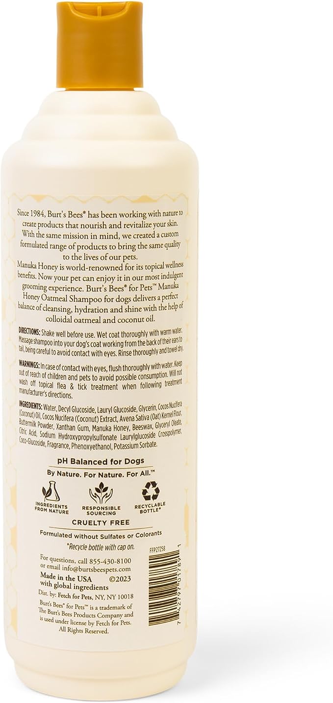 Burts Bees for Pets Manuka Honey Oatmeal Shampoo, Milk and Honey, 16 Fl Oz | Colloidal oatmeal and coconut oil, 95%+ natural origin, sulfate- and paraben-free, milk and honey scent