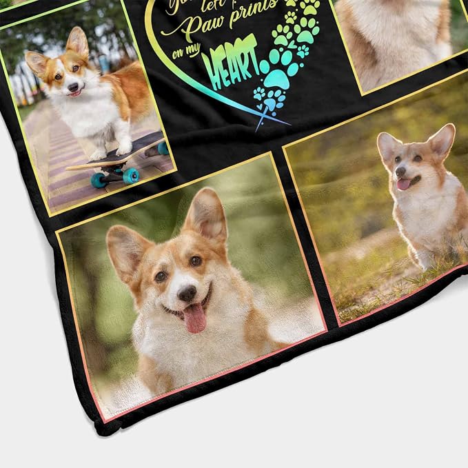 Custom Memorial Blanket for Dog, You Left Paw Prints in My Heart Blanket Customized Loss of Pet Dog Photo Fleece Throw Blankets Warm Bereavement Gift for Dog Mom 40X50 Inch