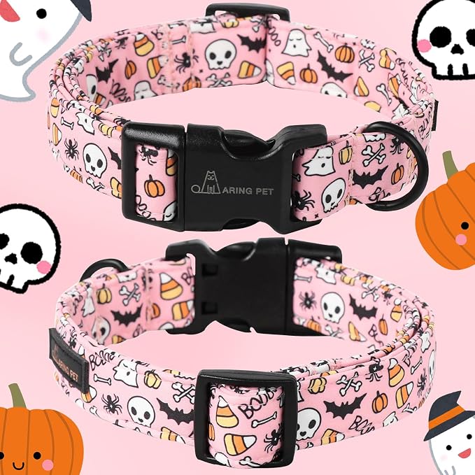 ARING PET Halloween Dog Collars, Cute Pink Pumpkin Ghost Bat Spider Skull Pet Collar with Quick Release Buckle for Small Medium Large Girl Boy Dogs-M