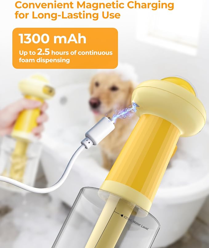 Electric Dog Shampoo Dispenser with Auto Mixing, Magnetic Charging Dog Shampoo Foamer, 500ml Pet Shampoo Sprayer with LED Indicator & Silicone Grip, IPX7 Waterproof Dog Soap Dispenser