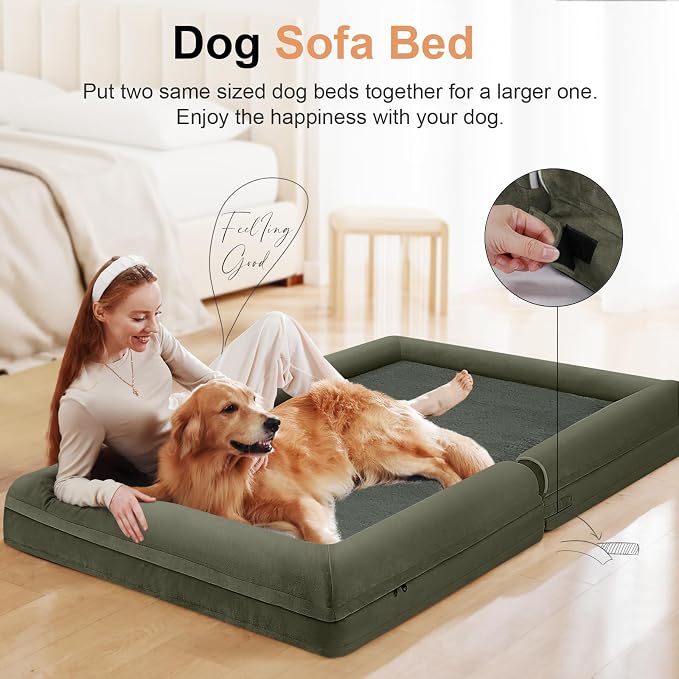 NANUYA Orthopedic Dog Bed for X-Large Dogs, 40 x 32 Inch, Dark Green | Egg crate foam for joint support, 3-sided bolster pet sofa, waterproof lining, washable cover, and non-skid base