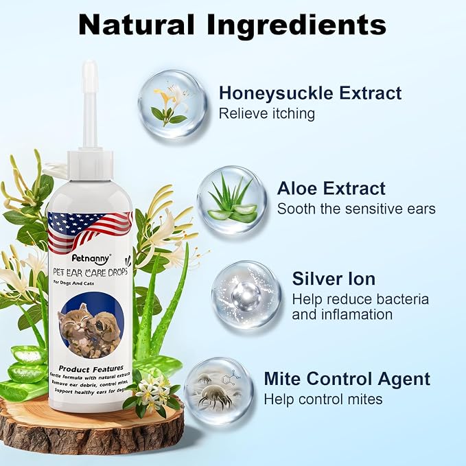 Petnanny Dog Ear Cleaner,Cat Ear Cleaner Drops, Pet Ear Cleaner Gentle Care | Cat Ear Drops with Silver Ion & Botanical Extracts, Non-Stinging Dog Ear Wash, Soothes Itchy Ears & Gently Clear Wax & Debris