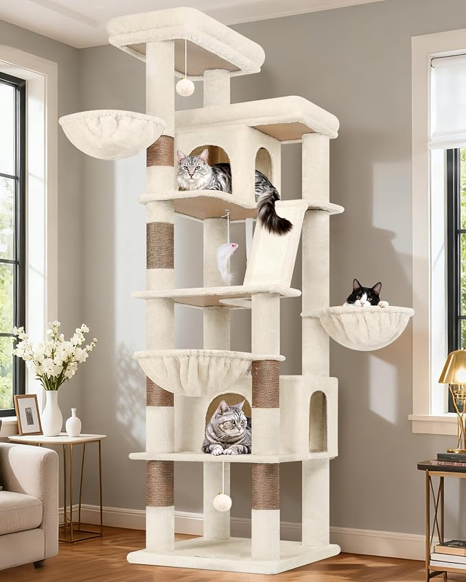 Globlazer 80in Extra Large Tall Corner Cat Tree Tower, S80G, Beige | Multi-Level Cat Condos for Multiple Indoor Cats Large Adult Kittens, Scratching Posts, 2 Widened Perches, Adjustable Baskets