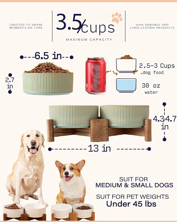Getstar Ceramic Dog Bowls Set with Acacia Wood Stand, 3.5 Cups Pet Bowls Set of 2 for Medium Dogs, Cute Dog Food Bowl, Cat Bowls