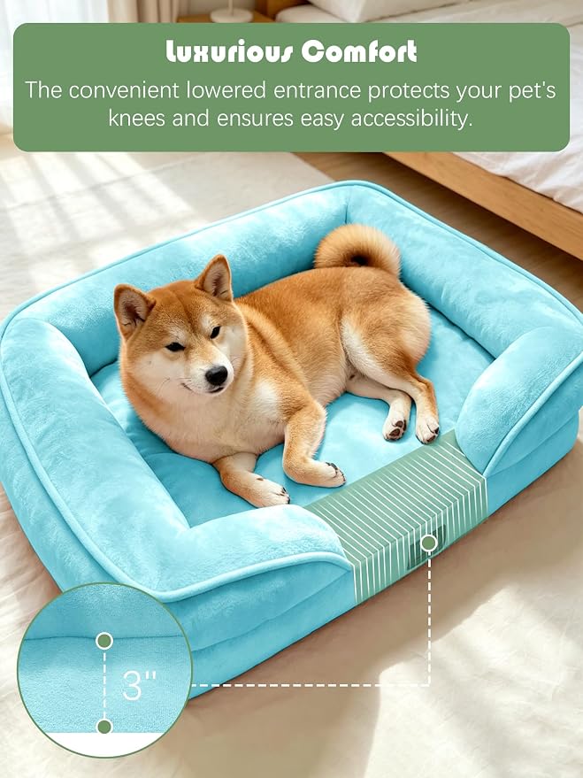 Spotted Play Orthopedic Dog Bed with Sides - Sofa Beds for Medium Dogs, Supportive Foam Pet Couch Bed with Washable Removable Cover, Waterproof Lining and Non-Slip Bottom, Ice Blue - M
