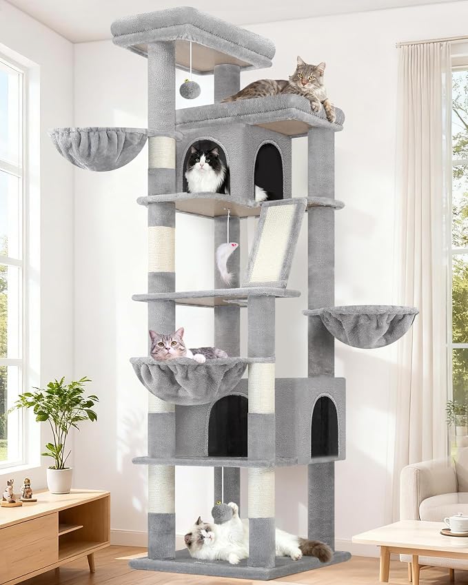 Globlazer 80in Extra Large Tall Corner Cat Tree Tower, S80G, Light Grey | Multi-Level Cat Condo for Multiple Indoor Cats Large Adult Kittens, Scratching Posts, Widened Perches, Adjustable Baskets