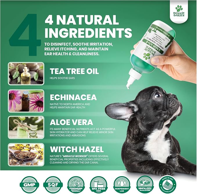 Doggie Dailies Quick Cleansing Ear Wash for Dogs with Tea Tree Oil | Tea Tree Oil & Aloe Vera Formula, Cleans FDog Ears, Removes Debris & Helps Soothe Irritated Skin, Quick Wash for Dog Ears