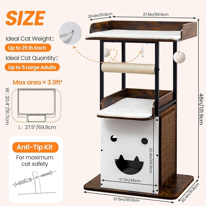 48in Wood Modern Cat Tree for Large Indoor Cats with Big Perch Bed | Multi-Level Climbing Design, Cat Cando, Sisal Scratching Posts and Board, Removable Washable Pads, Stable Rustic Brown