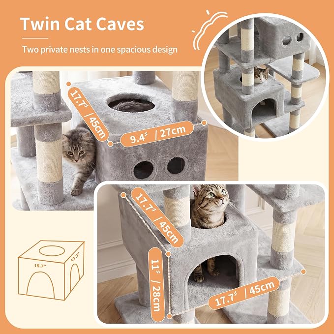 Heybly Floor to Ceiling Cat Tree, 104.7"-116.5" Height-Adjustable HCT92W | Expanded Wide Cat Climbing Tower with Wide Perch, 2 Spacious Cat Condos & 15 Scratching Posts for Indoor Cats, Light Gray
