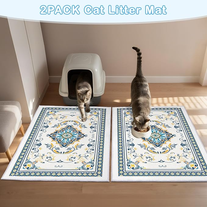 2 Pack Washable Cat Litter Mat 48"x36" Waterproof Trapping Pad | Kitty Litter Box Mat Featuring A Non-Slip Base And Decorative Design To Trap Scatter For Home Floor Protection