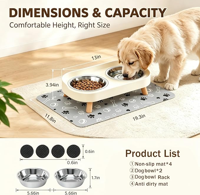 Elevated Dog Bowls with Mat, 2 Stainless Steel for Small Dogs Under 25 Lb | Raised Bowl Stand, Food & Water Set for Cats & Puppies, Splash Proof, Dishwasher Safe, Stain-Resistant Quick-Dry Mat