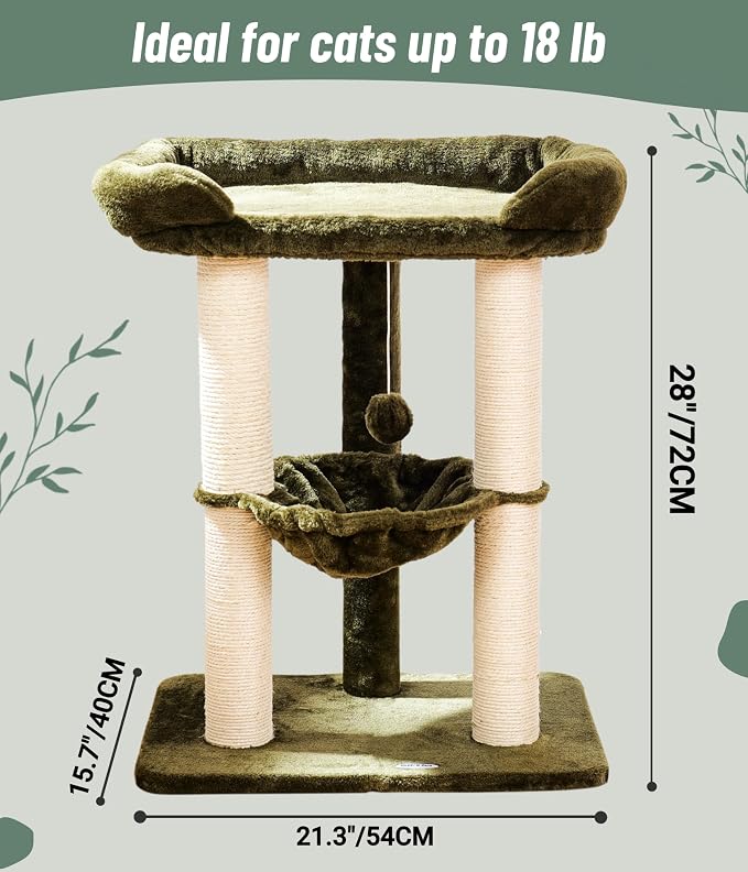 Happi N Pets 28" Cat Tree, Large Bed for Big Cats, Small Cat Tower with Soft Perch for Window Viewing, Stable Cat Tree Tower, Cat Scratching Post with Hammock, Removable Cover-Green