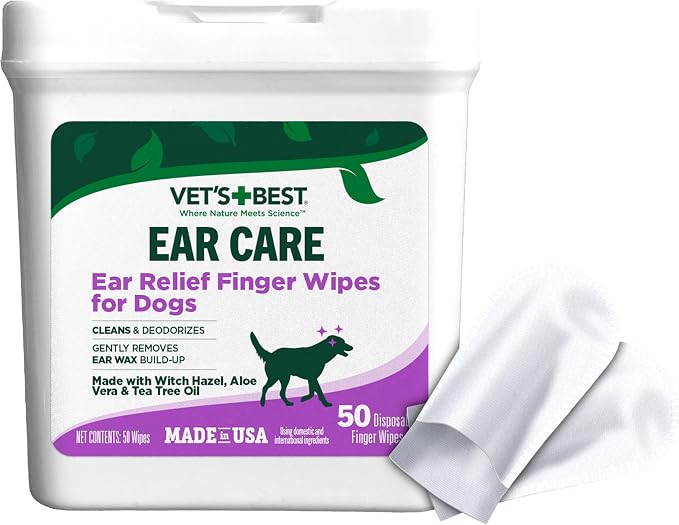 Vet's Best Ear Relief Finger Wipes | Ear Cleansing Finger Wipes for Dogs | Sooths & Deodorizes | 50 Disposable Wipes | Ear Cleansing Finger Wipes, Helps Clean, Deodorize & Refresh Ears, Gentle Disposable Wipes for Dogs
