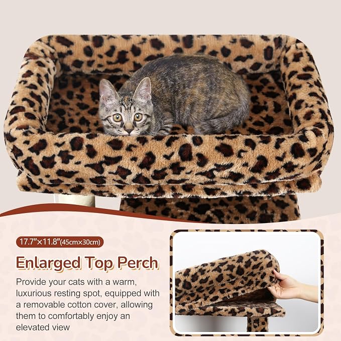 Globlazer Heavy Duty Leopard Cat Tree, 70in Sturdy Cat Tree for Indoor Cats Sturdy Large Cat Tower with Scratching Post & Board, Hammock, 2 Cat Condo for Adult Cats Kittens, F70 Pro, Leopard Print