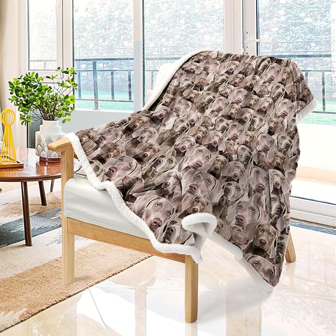 BlessLiving Fuzzy Dog Blanket for Kids Adults Puppy Lovey Fleece Blanket Reversible Animal Pattern Sherpa Throw (Weimaraner, 90 x 90 Inches)