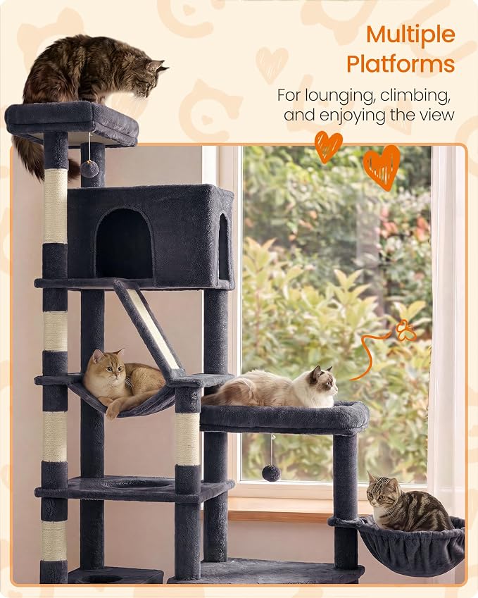 Feandrea 74.1-Inch Cat Tree Tower for Indoor Extra Large Cats, with Scratching Posts, Scratching Board, Multi-Level Design, Dark Gray UPCT016G201S