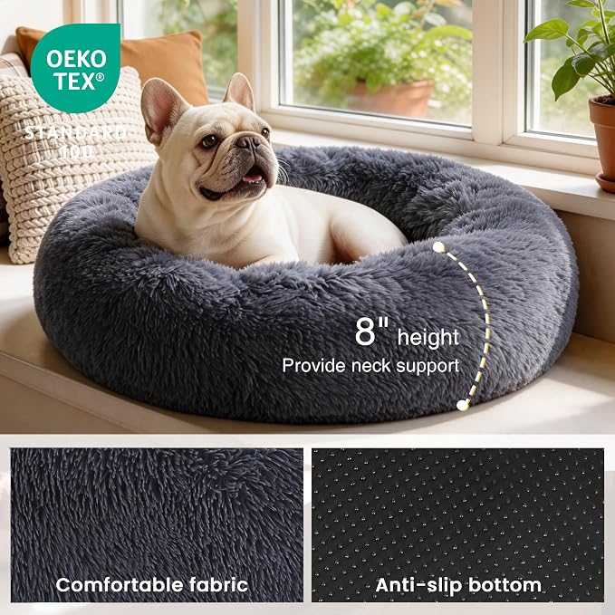 Love's cabin Calming Cat Bed for Indoor Cats, Anti-Anxiety Donut Round Dog Bed, Fluffy Faux Fur Washable Pet Bed for Small Medium Dogs and Cats, Bluish Grey, 20in
