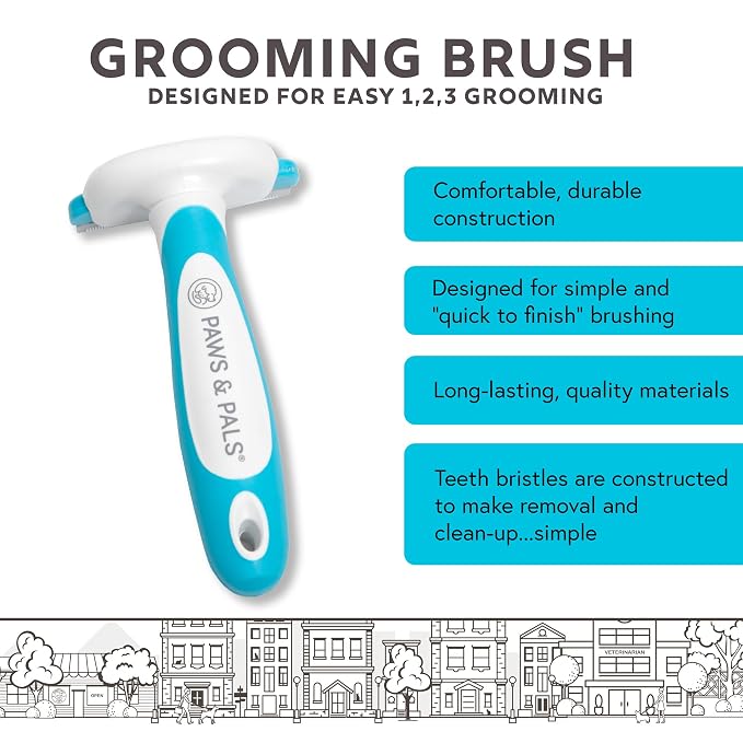 Paws & Pals Dog Brush - Gentle Soft Hair Rake Trimming Comb - Best for Shedding Dogs-Cats, Thick Long Short Haired Pet, Coat Grooming & Cat Hair Fur Removal - Self Cleaning - Deshedding Supplies