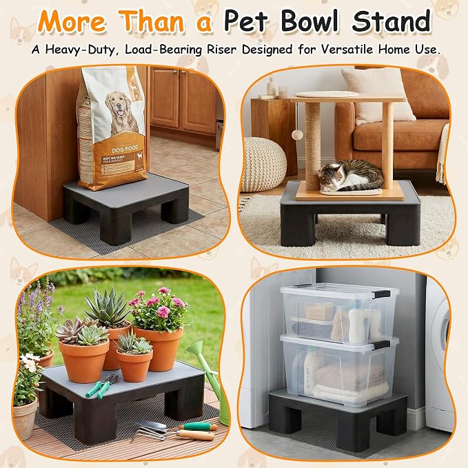 2 Pcs Elevated Dog Bowl Stand with Waterproof Dog Food Mat, Non-Slip, Black | Reduce Neck & Joint Strain, Easy to Clean Silicone Pet Feeding Mat, Sturdy Legs, Ideal for Small & Medium Dogs and Cats