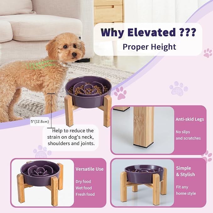 Elevated Slow Feeder Dog Bowl - Ceramic Maze Food Dish with Bamboo Stand - Raised Feeding Bowl for Fast Eaters - Ideal for Small and Medium Dogs - Purple - 6.7 inch