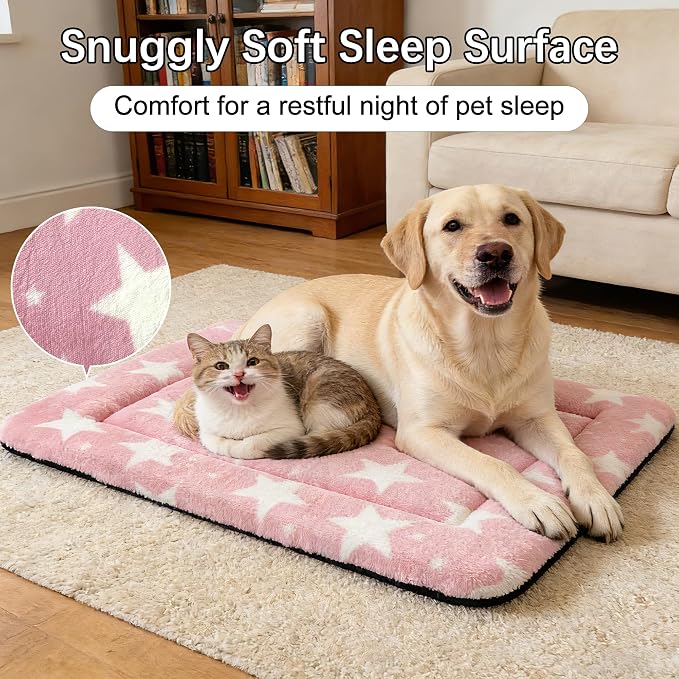 Dog Bed Mat – Soft & Comfortable Dog Kennel Pad for Crate – Durable Crate Bed & Mat for Dogs & Cats – Ideal for Crate, Kennel, and Home Use (Big&Little Stars Pink, L(35"*23"*1.5"))