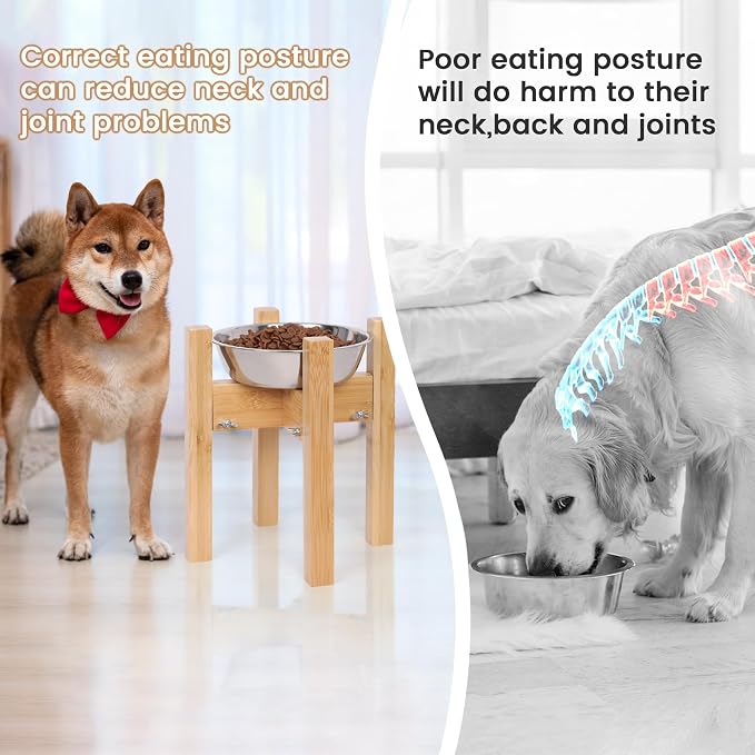 Elevated Dog Bowl Stand Adjustable Dog Food Holder 10”H Medium Bamboo | 10” Elevated Dog Bowl Stand, Medium Dogs, Adjustable, Fits 7”-10” Bowls, Single Bowl Holder, Natural Bamboo, Classic