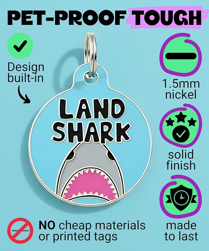 Bad Tags Personalized Dog and Cat ID Tags in 25+ Designs and 2 Sizes - 5 Lines of Custom Engraved Text - Funny Cute Personalized Pet Tags (Land Shark, Small (1 inch))